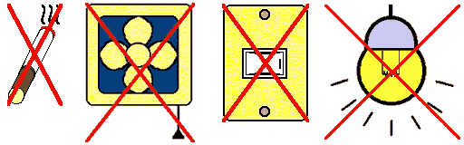 火気厳禁、換気扇使用禁止、電気・電灯のスイッチを入れたり切ったりしない